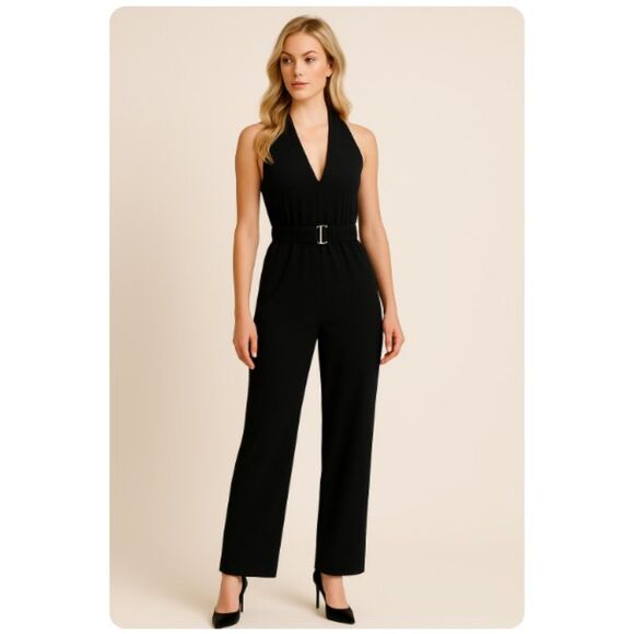 Cache’ Jumpsuit Black One Piece Halter Top Pants Belted Womens Size 4 - Picture 1 of 6